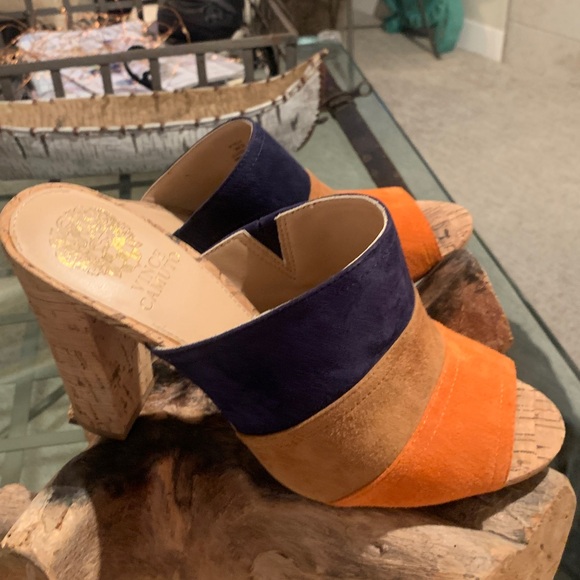 New Vince Camuto Vella Color Block Leather Slide Mule Cork Heel Slip On Peep Toe - Picture 3 of 8